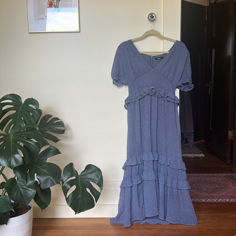 Lulus medium blue ruffle polka dot maxi dress